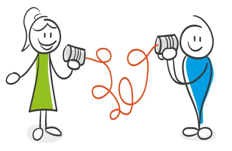Die Illustration zeigt eine Frau und einen Mann, die jeweils eine Dose in der Hand halten. Diese Dosen sind mit einer Schnur verbunden. Dies steht für den Austausch in Form des Newsletters von Paperconnect.
