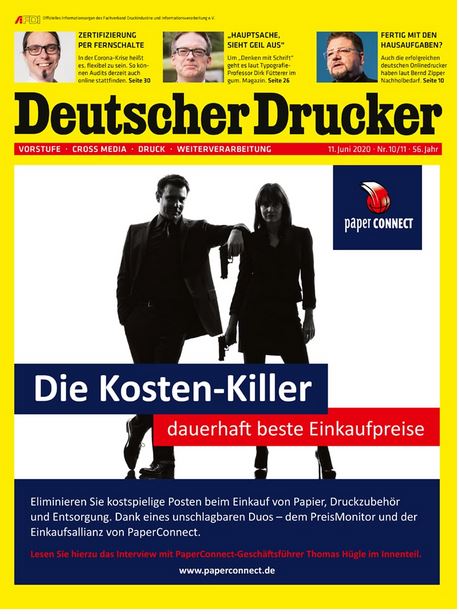 Screenshot des Titelblatts des "Deutschen Druckers" mit der Titelstory "Die Kosten-Killer, dauerhaft beste Einkaufspreise" von Paperconnect.