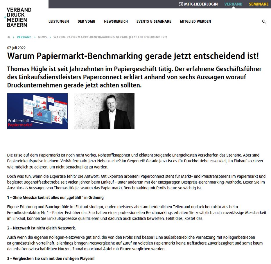 Screenshot des Artikels "Warum Papiermarkt-Benchmarking gerade jetzt entscheidend ist!". Sechs Tipps für Druckereien von Paperconnect-Geschäftsführer Thomas Hügle.