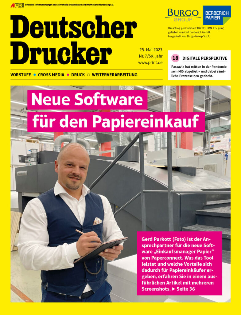 Titelblatt einer Ausgabe des "Deutschen Druckers", auf dem Gerd Purkott, Vertriebsmanager bei Paperconnect, abgebildet ist. Auf dem Titelblatt wird die Titelstory "Neue Software für den Papiereinkauf" angeteasert, ein Artikel von Paperconnect.