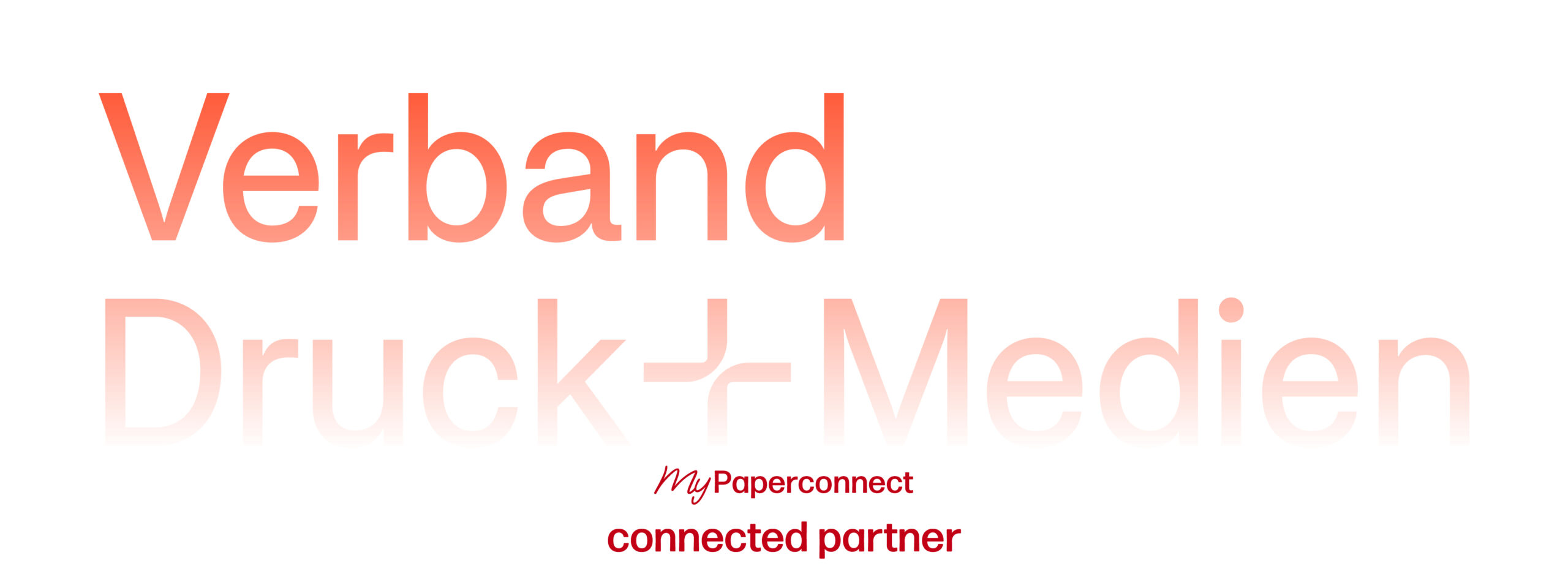 Das Logo des Verbandes Druck + Medien e.V.; darunter sind das rote Logo für "my Paperconnect" und das rote Logo für "connected partner" abgebildet.